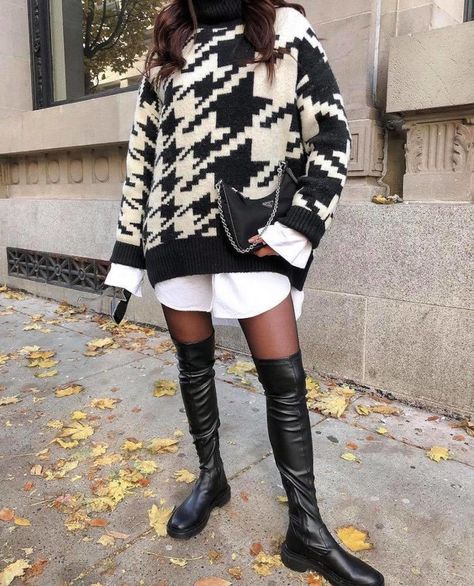 Houndstooth Sweater, Elegant Casual Dress, Cover Beachwear, Cold Weather Fashion, Clubwear Dresses, Oversized Knitted Sweaters, Looks Black, Collar Sweater, Casual Winter Outfits