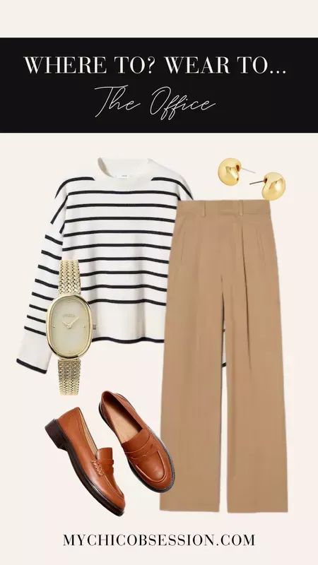 Wide Legged Khaki Pants Outfit, Outfits With Tan Loafers, Wide Leg Pants And Loafers, Loafers And Trousers Outfit, Camel Trousers Outfit Work, Beige Tapered Trousers, Taupe Trousers Outfit, Beige Trousers Outfit Classy, Wide Leg Tan Pants Outfit