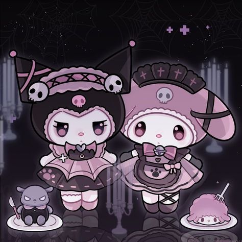 Mymelody And Kuromi Matching Wallpaper, Hello Kitty My Melody And Kuromi Matching Pfp, Kuromi And My Melody Matching Pfp, Mymelody And Kuromi, Sanrio Kuromi And My Melody, Kuromi Drawing, Cute Skull, Walpaper Hello Kitty, Charmmy Kitty