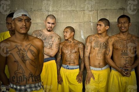 Members of a gang known as Mara 18 in the prison yard at the Izalco jail in Sonsonate, El Salvador, Feb. 23, 2012. A Honduran fire and a Mexican massacre have drawn new attention to deteriorating conditions at prisons in Latin America, many of which are stuffed over capacity, leaving inmates to string hammocks from the ceiling or bed down on the floor. (Meridith Kohut/The New York Times): Art Chicano, Brian Dawkins, Best Movie Lines, Gang Culture, Prison Tattoos, Brown Pride, Cartoon Character Tattoos, Pablo Escobar, Life Video