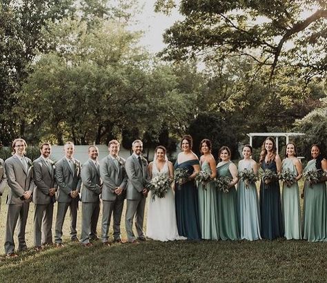 Different Shades Of Teal Bridesmaids, Wedding Color Schemes Greens, Green Theme Bridal Party, Different Shades Green Bridesmaid Dresses, Different Shades Of Green Wedding Party, Bridal Party Mixed Dresses, Shades Of Green Groomsmen, Wedding Party Mismatched Dresses, Different Color Bridesmaid Dresses With Groomsmen