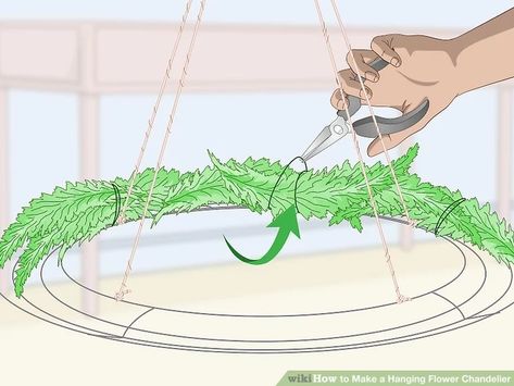 How to Make a Hanging Flower Chandelier (with Pictures) - wikiHow Hanging Flower Wreath, Diy Hanging Flower Chandelier, Hanging Hoops With Flowers, Diy Floral Chandelier Hula Hoop, Hanging Flower Chandelier, Diy Flower Chandelier, Flower Chandelier Diy, Floral Chandelier Diy, Wreath Chandelier