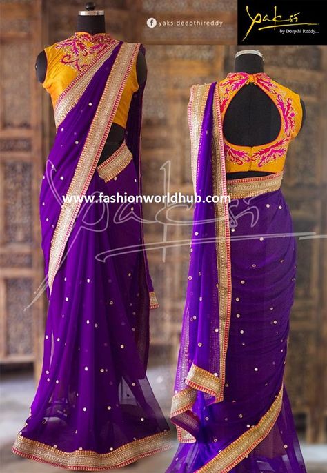 brinjal & Yellow Purple And Yellow Combination, Western Sarees, Blouse Desine, Purple Sarees, Contrast Saree, Sari Blouse Styles, Sari Blouses, Blue Blouse Designs, Bridal Lengha