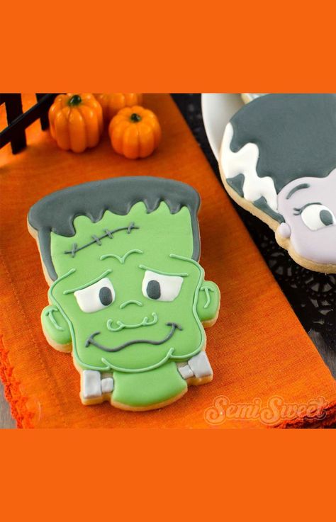 Frankenstein Cookies, Semi Sweet Designs, Frankenstein Cookie, Bride Cookies, Roll Out Sugar Cookies, Halloween Cookies Decorated, Wreath Cookies, Bride Of Frankenstein, Halloween Cookies