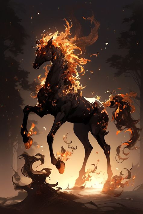 Horse Fantasy Art, Fire Creature, Fire Animals, Mythical Creature Art, Fire Horse, Magical Horses, Mystical Animals, Beast Creature, Fantasy Horses