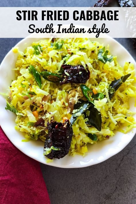 South Indian style stir fried cabbage in a bowl. Indian Fried Cabbage, Cabbage Kootu Recipe, Cabbage Fry Indian, Cabbage Indian Recipes, Easy South Indian Recipes, Poriyal Indian Recipes, South Indian Dinner Recipes, South Indian Vegetable Recipes, Frying Cabbage