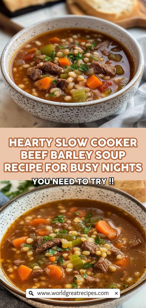 Warm up your chilly evenings with this Ultimate Comfort Food: Slow Cooker Beef Barley Soup! Packed with tender beef, hearty barley, and vibrant veggies, this soup is the perfect blend of flavors and nourishment. Simply toss your ingredients into the slow cooker and let it work its magic while you relax. This delicious beef barley soup is a favorite for family dinners and gatherings, ensuring everyone leaves the table satisfied. Soup Beef Barley, Slow Cooker Hearty Soup, Crockpot Beef Soup Slow Cooker, Amish Beef Barley Soup, Beef Soup Bones Crockpot, Crockpot Beef Barley Soup Recipes, Beef Barley Crockpot Soup, Healthy Beef Barley Soup, Healthy Beef And Barley Soup