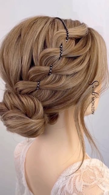 ATLANTA-BRIDAL-BRAIDS-TUTORIAL on Instagram: "4 strand braid, my most requested one and I love to create it🫶🏽 Using “Crystal Stone chain” and “bobby-pin holder “ from my shop @sandimonzonshop #weddingguesthair #btconeshot2023_stylingvideo #4strandbraid #lowbun #atlantahairstylist" Braid With Rhinestones, Chain Braid Hairstyles, Braid With Diamonds, Rhinestone Hair Braid, Pearls In Braided Hair, Rhinestone Ponytail Braid, Starburst Braid, Festival Hair Braids, Bridal Hairstyles With Braids