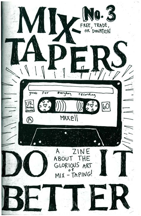 "This is a digital copy of MIXTAPERS DO IT BETTER #3, a zine about the glorious art of mix-taping! Originally created as a split zine with YOUR DAY WILL COME #2, this issue includes notes on biking and music, mix theme ideas, \"The best mix tape story ever,\" among the usual finds like helpful hints and mixtape stories.  11 pages long." Music Zine Design, 90s Zine Aesthetic, Art Zine Ideas, Zine Design Inspiration, Zine Themes, Aesthetic Zine Ideas, Mixtape Ideas, Zine Design Ideas, Indie Zine