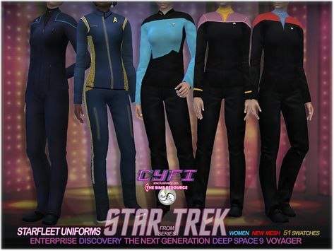 The Sims Resource - CyFi - Star Trek Women's Starfleet Uniforms Star Trek Clothing, Space Uniform, Captain Hook Costume, Star Trek Uniforms, Famous Star, Women's Uniforms, Sims 4 Cc Packs, Star Trek Ships, Sims 1