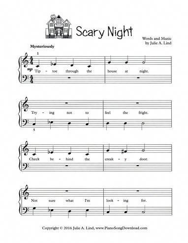 Scary Night: Halloween song for piano, free printable. #pianoclasses Halloween Piano, Halloween Music Lessons, Free Piano Sheets, Piano Sheet Music Pdf, Scary Night, Music Lessons For Kids, Halloween Songs, Piano Beginner, Free Piano