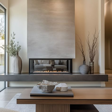 These modern lounge areas are characterized by fireplaces with stone accent walls, adding a rugged yet refined element to the space Modern Open Fireplace Ideas, Microcement Fireplace, Accent Fireplace Wall, Beautiful Fireplaces, Floor To Ceiling Fireplace, Fireplace Accent Walls, Stone Accent Walls, Linear Fireplace, Open Fireplace