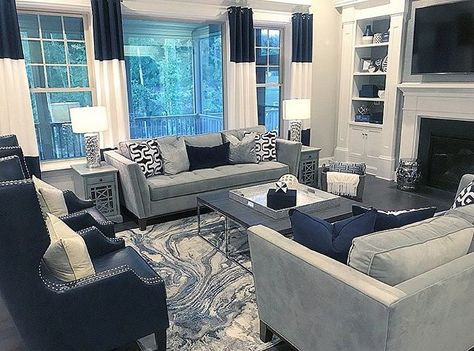 GATHERING SPACE GOALS!!! Definitely a 2018 favorite! #homedecor #interiordesign Living Room Decor Grey And Blue, Navy Blue And Grey Living Room, Blue Grey Living Room, Silver Living Room, Navy Living Rooms, Navy Blue Living Room, Blue Living Room Decor, Living Room Decor Gray, Sala Grande