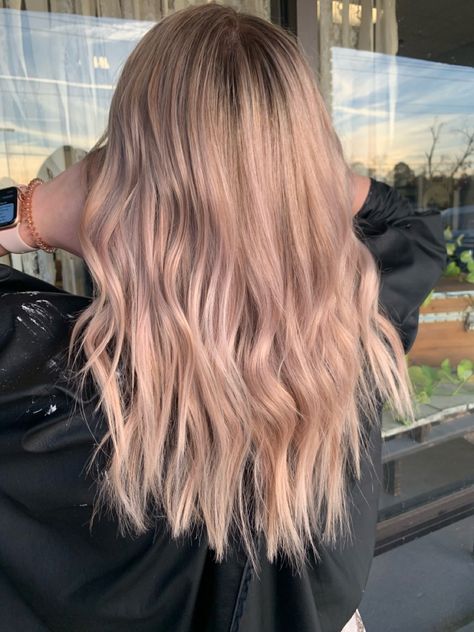 Slight hint of rose gold added to blonde hair for an amazing NYE look.Hair done by aprildunn_urhair on Instagram Blonde Hair With Hints Of Pink, Rose Pink Blonde Hair, Slightly Pink Blonde Hair, Rose Champagne Hair Color, Champagne Rose Hair, Rose Gold Ash Blonde Hair, Blonde Hair With A Hint Of Pink, Balayage Rose Gold Blonde, Light Pink Blonde Hair Rose Gold