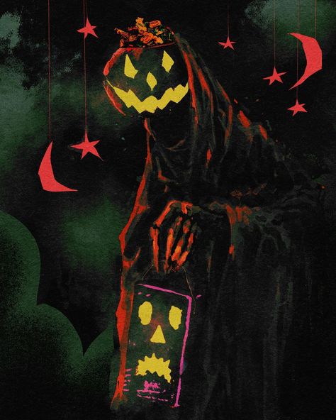 Drew Rausch - Artist of Spooky Cartoons and Comics! | The Treat Keeper. > . . . #Halloween #vintagehalloween #halloweenart #monster #pumpkin #jackolantern #candy #horrorfan #horrormovies… | Instagram Halloween Comic Art, Creepy Jackolantern, Jack O Lantern Painting, Trippy Halloween Art, Spooky Trippy Aesthetic, Trippy Halloween Painting, Halloween Nostalgia Wallpaper, Monster Pumpkin, Vintage Trick Or Treaters Art