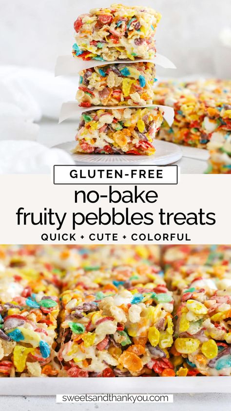 Fruity Pebbles Rice Crispy Treats, Gluten Free Cereal Bars, Colorful Dessert Recipes, Fruity Pebble Bars, St Patricks Day Dessert, Gluten Free Rice Krispie Treats, Fruity Pebbles Treats, Gluten Free Pumpkin Bars, Gluten Free Crisps