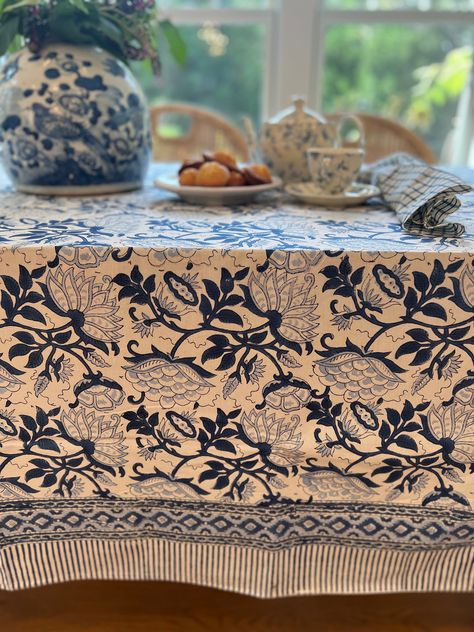 Beautiful blue and white floral tablecloth for your long summer nights and big family tables (8-10 seaters). Some irregularities like missing print, light and dark areas, fabric joint, little smudges are all a part of the block print process. Handmade in India. Floral Block Print, Blue Tablecloth, Floral Tablecloth, Family Table, Blue And White Floral, Big Family, Place Settings, The Block, Summer Nights