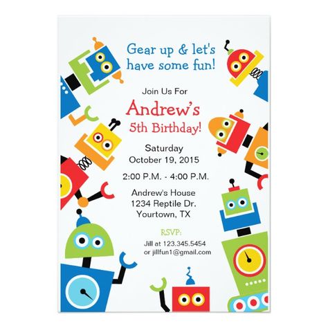 Robot Party Theme Birthday Invitation Robots Party Theme, Robot Birthday Party Decorations, Robot Birthday Party, Robot Theme, Robot Party, Birthday Invitation Card, Kids Birthday Party Invitations, 4th Birthday Parties, Theme Birthday