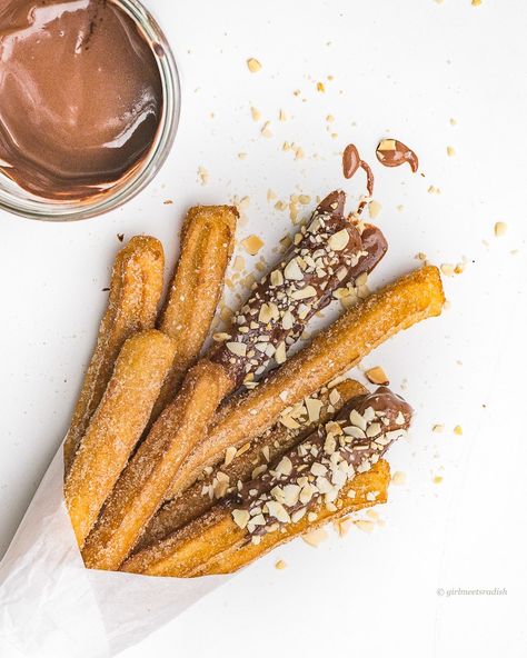 Churro Photography, Churros Photography, Vegan Churros, Homemade Churros, Chocolate Dip, Churros Recipe, Almond Chocolate, Chocolate Almonds, Sliced Almonds