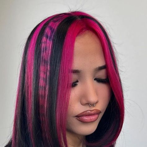 roxy 🕷️ / LOCATED IN MURRIETA CA 📍 on Instagram: "pink chunkies 🩷⭐️🐆

• @pravana 🕸️
•
•
•
#chunkyhighlights #pinkhair #pinkchunkyhighlights #iehairstylist #murrietahairstylist #solasalon #pravana #cheetahprint" Hot Pink And Platinum Hair, Pink Vivid Hair, Hot Pink Shag Hair, Magenta And Light Pink Hair, Hot Pink Scene Hair, Chunky Highlights, Cheetah Print, Roxy, Pink Hair