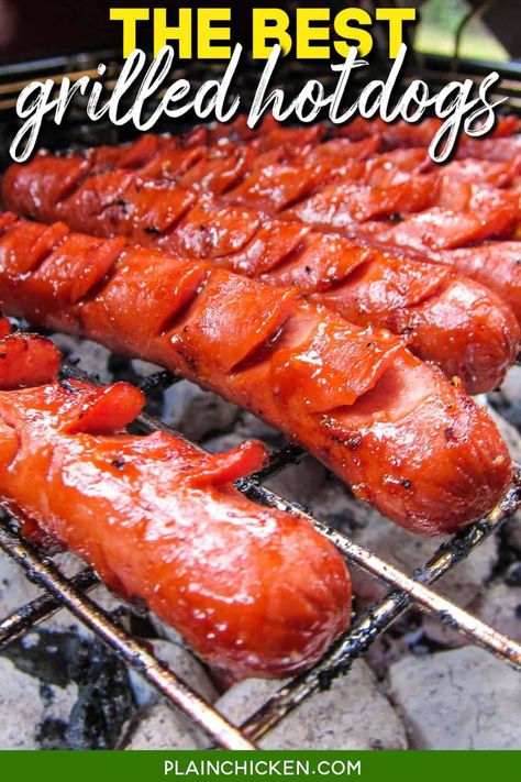 THE BEST Grilled Hot Dogs – hot dogs sliced and marinated before grilling – you will never grill hot dogs any other way! These are seriously amazing!! Only 5 ingredients - hot dogs, ketchup, Worcestershire sauce, garlic, and oil. The only way to eat a hot dog! #hotdog #grilling #marinade Grilled Hotdogs, Grill Hot Dogs, Grilled Hot Dogs, Hot Diggity Dog, Healthy Cheese, Grilling Hot Dogs, Hot Dogs Recipes, Grilled Food, Camp Food