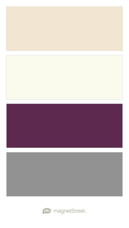 Champagne, Ivory, Eggplant, and Classic Gray Wedding Color Palette - custom color palette created at MagnetStreet.com Eggplant Wedding Colors, Lounge Layout, Midnight Blue Wedding, Charcoal Wedding, Gray Wedding Colors, Bedroom Purple, Wedding Colors Purple, Purple Color Palettes, Bathroom Themes