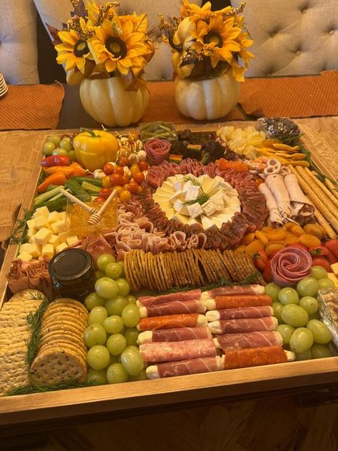 Charcuterie Boards, Grazing Trays, Snack Platters, Meat, Cheese, and Beyond | Extra large board 💕 | Facebook Charcuterie Layout, Giant Charcuterie Board, Fall Themed Charcuterie Board, Carving Party Ideas, Pumpkin Carving Party Ideas, Snack Platters, Large Charcuterie Board, Charcuterie Table, Meat And Cheese Tray