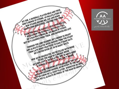 Baseball Gifts For Players, Baseball Poems, Graduation Poems, Team Mom Baseball, Printable Baseball, Senior Graduation Gifts, Baseball Team Gift, Sports Banquet, Travel Baseball