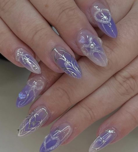 Nail Art Designs Barbie, Purple Nail Inspo Acrylic Short Almond, Purple And Chrome Nails, Purple Jelly Nails Acrylic, Tangled Nails Disney, Enhypen Nails Designs, Purple Aesthetic Nails, Aesthetic Purple Nails, Purple Nails Almond