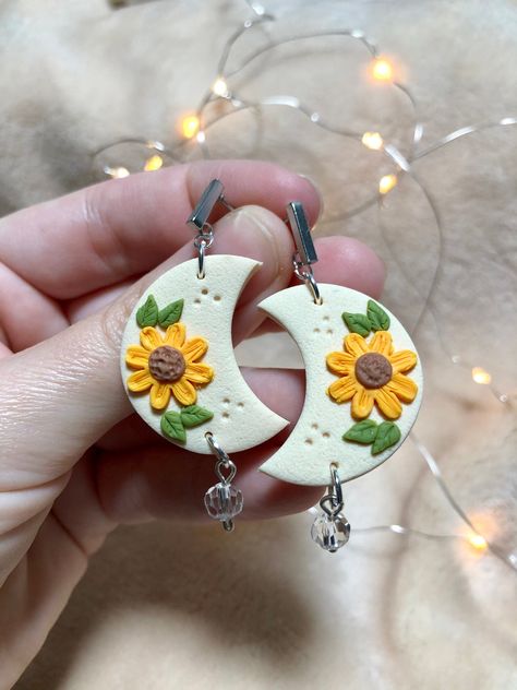 Handmade polymer clay earrings Sun And Moon Polymer Clay Earrings, Moon Polymer Clay Earrings, Yellow Daisies, Polymer Clay Projects, Moon Earrings, Clay Projects, Handmade Polymer Clay, Summer Flowers, Flower Earrings