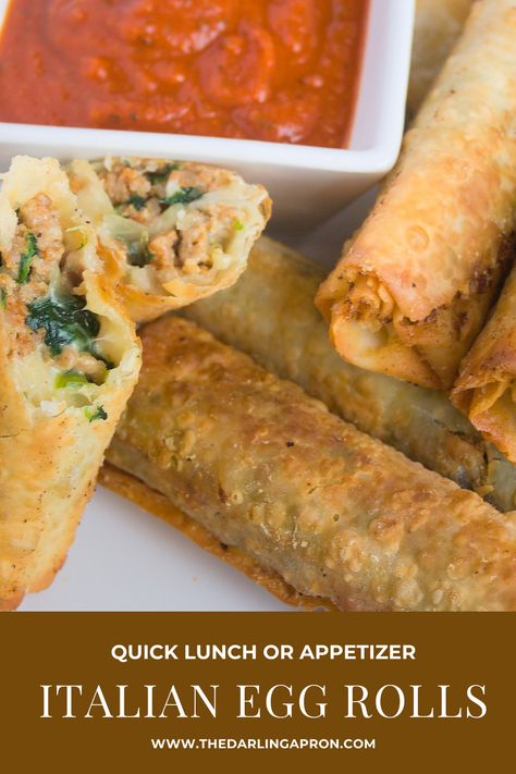 Italian version of the typical Chinese egg roll stuffed with sausage, peppers, spinach & cheese make the perfect appetizer or quick lunch! #thedarlingapron #eggroll #thefeedfeed #italianinspired #fusionfood #imissthebuffet #lunchideas #appetizers #foodtalkdaily #FoodBlogFeed #yummyinyourtummy #italiansausage #spinachrecipes #hereismyfood #mozzarella #marinarasauce #makeitdelicious #instayummy #shareyourtable Italian Sausage Egg Rolls, Italian Egg Rolls, Spinach Egg Rolls, Sausage Egg Rolls, Sausage Egg Roll, Dessert Egg Rolls, Wonton Appetizer Recipes, Wonton Appetizers, Egg Roll Wrapper