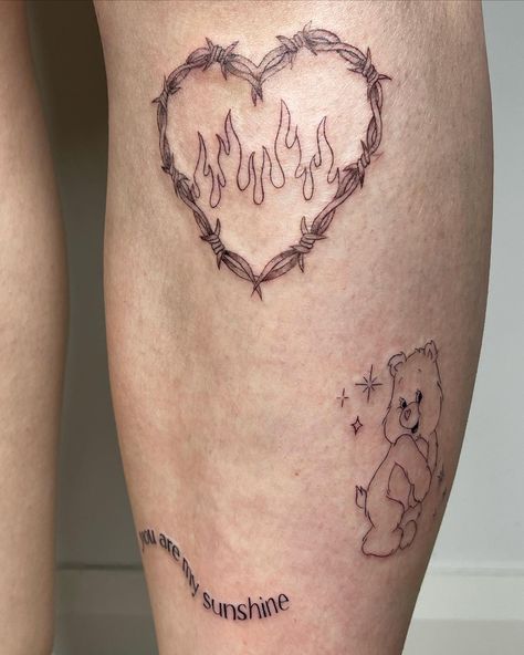 Barbwire Heart Tattoo, Care Bear Tattoo, Barbwire Heart, Bears Tattoo, Care Bear Heart, Care Bear Tattoos, Script Tattoo, Bear Tattoo, Tattoo Script