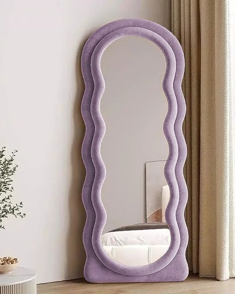 Full Length Mirror With Stand, Odyssey Art, Wooden Frame Mirror, Purple Floor, Full Length Mirror Stand, Mirror With Stand, Wavy Mirror, Colorful Apartment, Wooden Mirror Frame