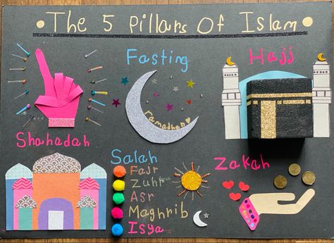 Islam Projects For School, 5 Pillar Of Islam Art And Craft, Teaching Aid For Preschoolers, Islamic Soft Board Ideas, Islamic Project Ideas, Islamic Models For School Exhibition, Islamic School Decoration Ideas, Five Pillars Of Islam Project, Arabic Project Ideas