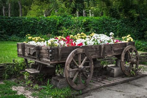 14 Rustic Garden Wagon Ideas For A Country Garden - Garden Lovers Club Yard Wagon, Wagon Ideas, Windmill Landscaping, Outdoor Wagon, Wagon Planter, Native Plant Landscape, Antique Wagon, Farm Wagons, Windmill Decor