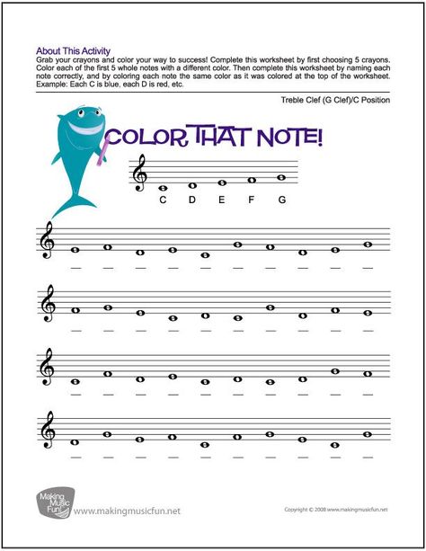 Color That Note - Free Note Name Worksheet - Treble Clef/C Position (Digital Print) - Visit MakingMusicFun.net for free and premium sheet music, music lesson plans, and composer biographies and worksheets. Free Music Theory Worksheets, Music Theory For Beginners, Piano Lessons For Kids, Music Theory Worksheets, Online Piano Lessons, Music Lessons For Kids, Elementary Music Education, Not Musik, Learn Violin