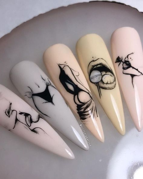 Body Nail Design, Nail Art Toturial, Artistic Nail Art, Draw On Nails, Drawing Nails Art, Brain Nails, Nail Drawing Designs, Painting On Nails, Hand Painted Nail Designs