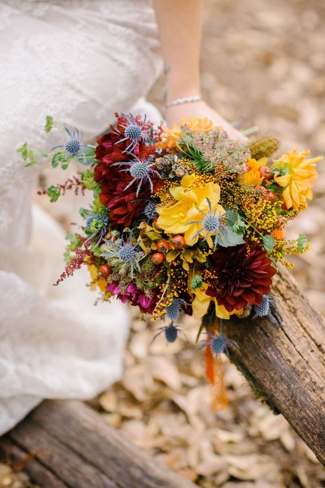 Burgundy and Yellow Wildflower Bouquet October Wedding Colors, Yellow Wedding Bouquet, Rustic Woodland Wedding, Burgundy Bouquet, Yellow Bouquets, Yellow Wildflowers, Autumn Bride, Fall Wedding Bouquets, Diy Wedding Bouquet