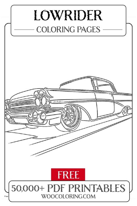 Rev up your creativity with this Bel Air Chrome Cruiser coloring page! Perfect for lowrider enthusiasts, this design captures the unique style and flair of classic cars. Dive into the world of automotive art as you bring this iconic vehicle to life with your favorite colors. Enjoy hours of coloring fun in the lowrider category! Lowrider Coloring Pages, Caprice Classic, Free Coloring Sheets, Kids Bedtime, Lowrider Cars, Cadillac Fleetwood, Buick Riviera, Ford Galaxie, Printable Coloring Sheets