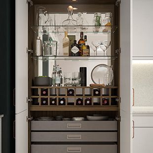 Kitchen Storage | Cupboard Storage | Masterclass Kitchens® Drinks Cabinet Ideas, Small Home Bar Ideas, Drinks Storage, Small Bars For Home, Home Bar Ideas, Bar Counter Design, Home Bar Cabinet, Kitchen Cupboard Storage, Home Bar Rooms