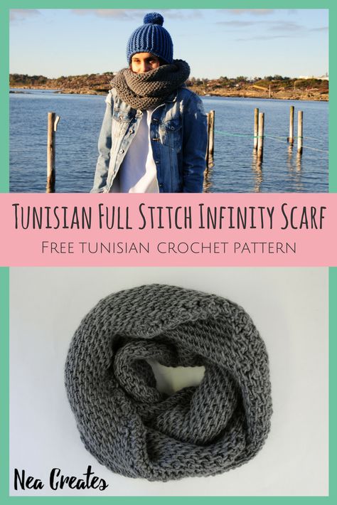 Tunisian Full Stitch Infinity Scarf: Free Tunisian Crochet Pattern | Nea Creates Tunisian Full Stitch, Crochet Scarf Pattern Free Easy, Crochet Infinity Scarf Free Pattern, Tunisian Crochet Free, Afghan Crochet Patterns Easy, Crochet Kids Scarf, Crochet Infinity Scarf Pattern, Crochet Scarf Easy, Crochet Cowl Free Pattern