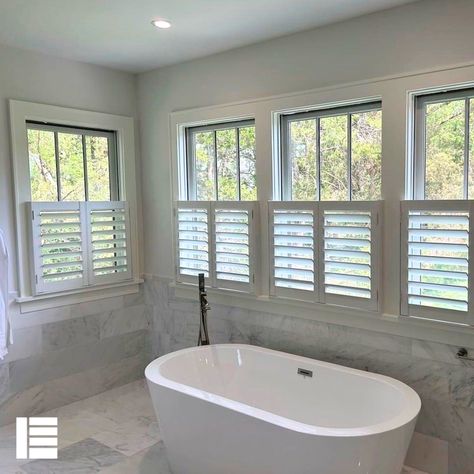 Bathroom Window Shutters, Bathroom Shutters, Lake House Master, Bathroom Window Coverings, Relaxing Bubble Bath, Window Options, Bathroom Window Treatments, Interior Window Shutters, Bathroom Blinds