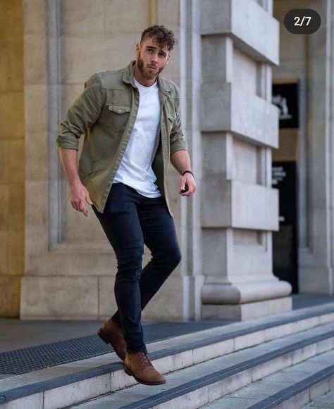 Thursday Boots Men Outfits, Olive Denim Jacket, Mens Wardrobe Essentials, Boots Men Outfit, Boots Outfit Men, Thursday Boots, Suits Men Business, Denim Jacket Outfit, Mens Fashion Business