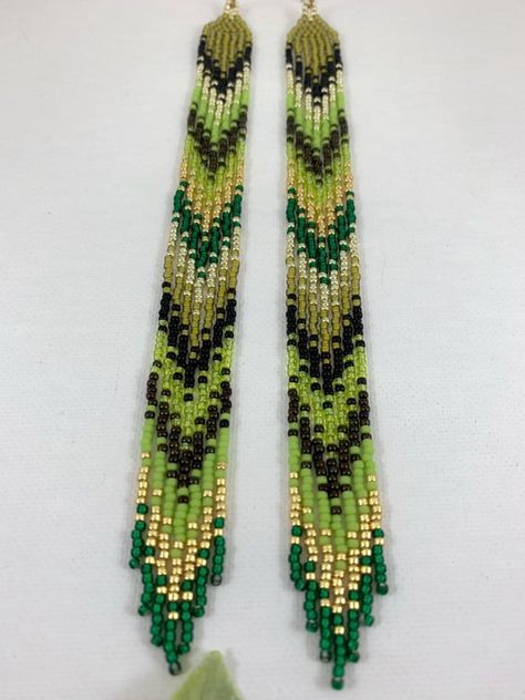 Long seed bead earrings bright green shoulder dusters yoga | Etsy Long Seed Bead Earrings, Yoga Earrings, Beads Inspiration, Gold Bead Earrings, Beaded Earrings Native, Beaded Earrings Diy, Beaded Earring, Yoga Style, Earrings Diy