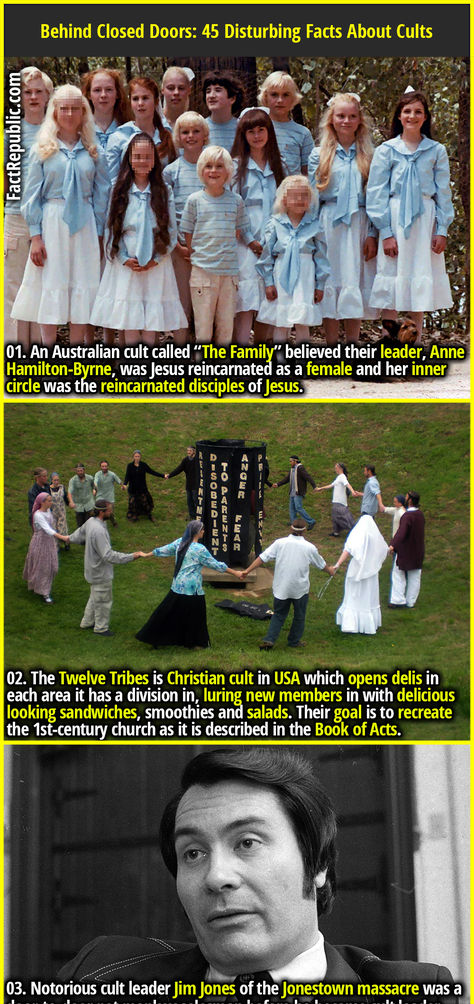 01. An Australian cult called “The Family” believed their leader, Anne Hamilton-Byrne, was Jesus reincarnated as a female and her inner circle was the reincarnated disciples of Jesus. History Mysteries, Horrifying Images, Cult Leader, Fun Facts Scary, Facts You Didnt Know, Bedtime Reading, History Facts Interesting, Secret Society, Mystery Of History