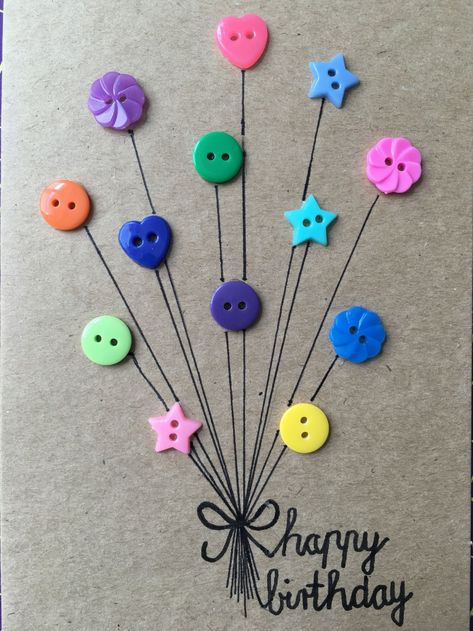 Cards With Buttons Handmade, Diy Cards With Buttons, Button Cards Ideas, Button Creations, Birthday Card Craft, Homemade Birthday Cards, Card Making Crafts, Pola Sulam, Button Cards