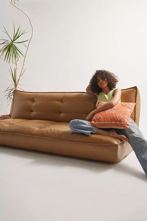 Greta Recycled Leather XL Sleeper Sofa | Urban Outfitters Couch Alternatives, Futon Living, Couch Dimensions, Fold Down Beds, Ranch Living, Futon Living Room, Flex Space, Floor Couch, Sleeper Bed