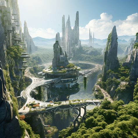 Futuristic cities on the rocks Futuristic City Utopia, Futuristic Landscape, Futuristic Cities, Future Earth, Future Buildings, Sci Fi City, Mountain City, Cyberpunk City, Anime Cover Photo