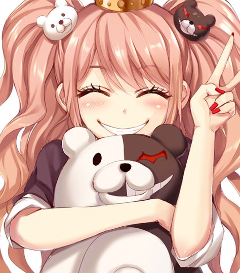 Junko Enoshima and Monokuma (DanganRonpa) Junko Enoshima, An Anime, Danganronpa, Pink Hair, A Girl, Teddy Bear, Hair, Anime, Pink