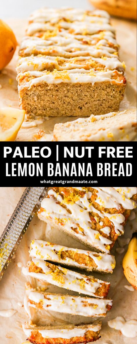 This wonderfully moist and delicious paleo lemon banana bread is nut free and easy to make. The drizzle of lemon glaze makes this a beautiful Springtime treat! #nutfree #paleo #bananabread #lemondessert #paleodessert #glutenfree #dairyfree #nutfreedessert #nutfreebaking #springrecipes Lemon Banana Bread, Nut Free Baking, Paleo Banana Bread Recipe, Nut Free Desserts, Lemon Banana, Recipe Cheesecake, Paleo Banana Bread, Homemade Snickers, Paleo Banana